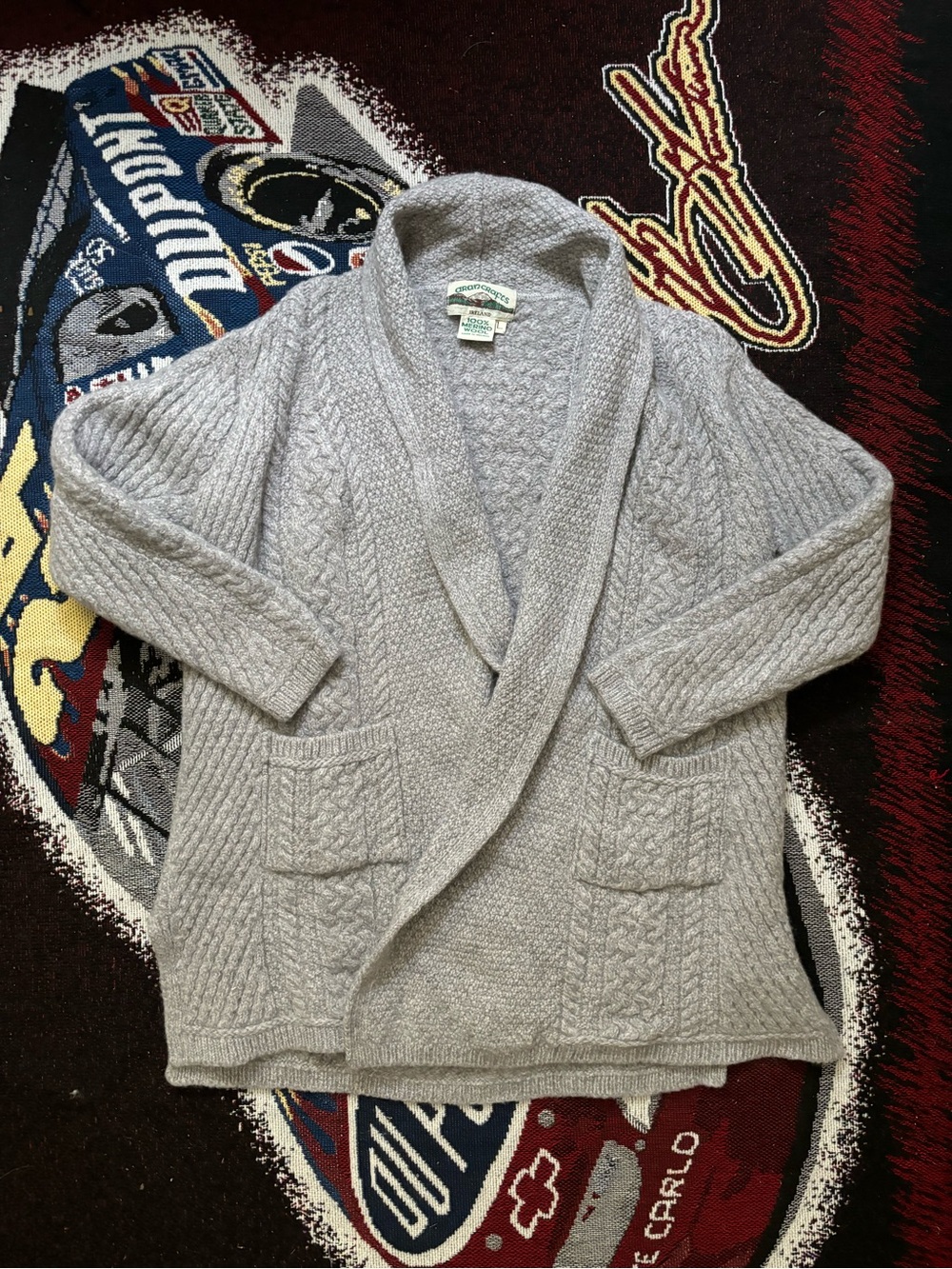 Aran crafts wool Shawl Collar Cable Knit Women's Sweater Cardigan - Light Gray